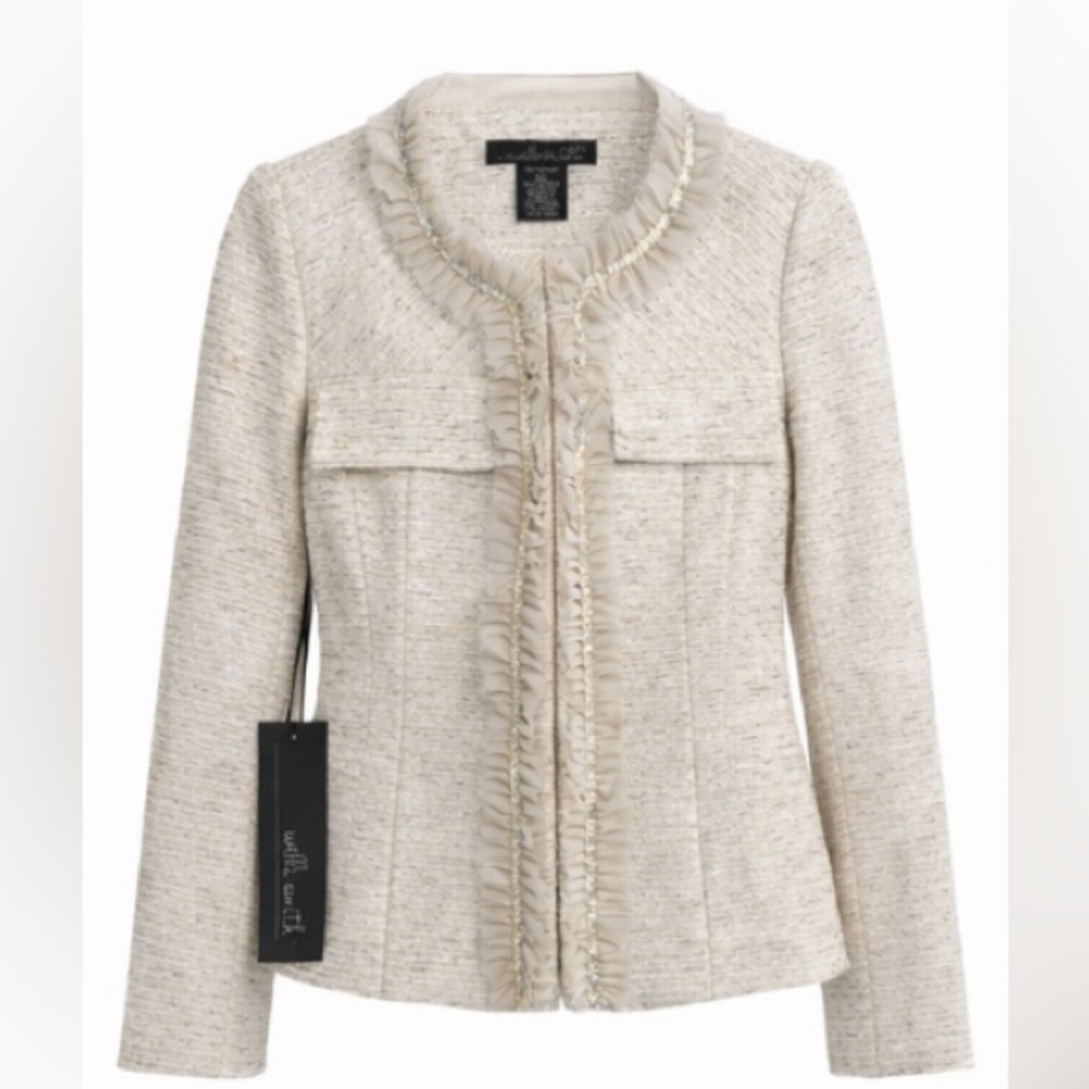 Willi Smith Cream Tweed Jacket w/ Ruffle Rhinestone Trim – NWT Elegant Blazer